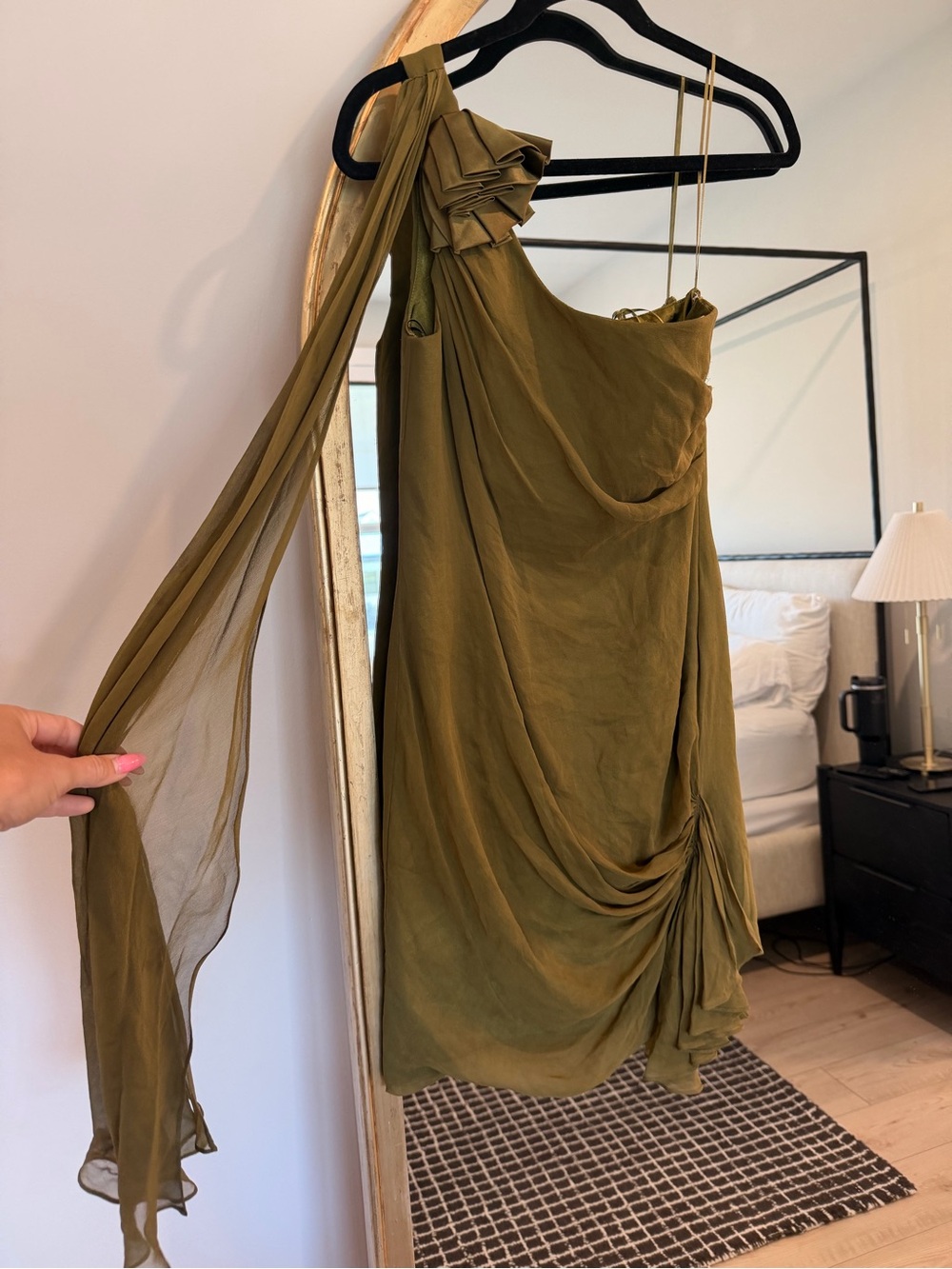 Olive Green One-Shoulder Mini Dress with Draped Detail